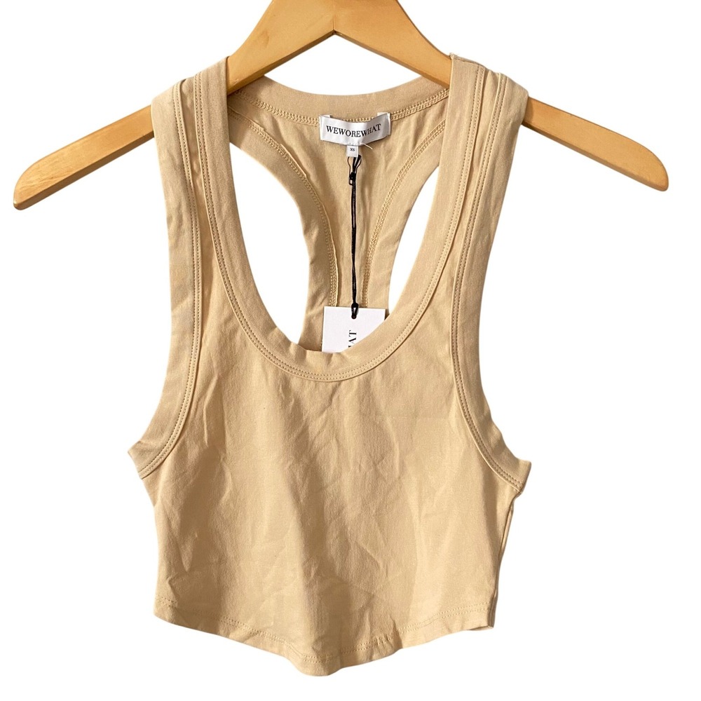 WeWoreWhat Revolve Women Tan Racerback Curved Hem Ribbed Crop Top Tank Size XS